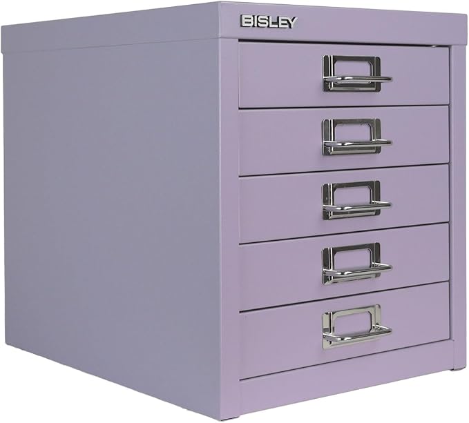 Bisley 5-Drawer Steel MultiDrawer Cabinet - Lilac | Chrome Pull Handles with Label Holders, Powder-Coated Steel, Removable Drawers, Desktop Storage, Labels Included