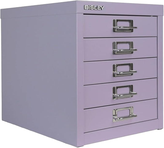 Bisley 5-Drawer Steel MultiDrawer Cabinet - Lilac | Chrome Pull Handles with Label Holders, Powder-Coated Steel, Removable Drawers, Desktop Storage, Labels Included