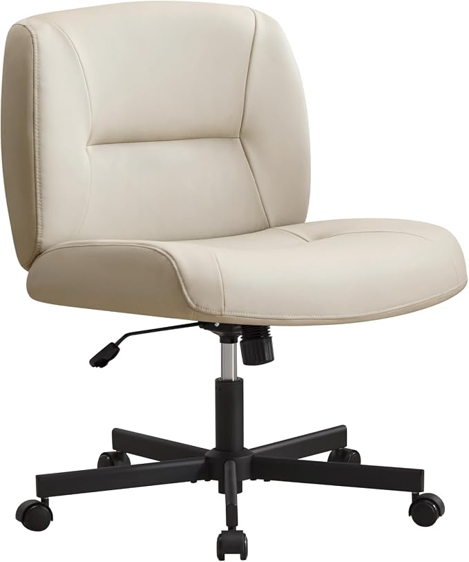 Furniliving Criss Cross Chair with Wheels, Wide Mid-Back Criss Cross Legged Chair Computer Desk Chair Height Adjustable Home Office Desk Chair for Bedroom Living Room, Office, Grey, PU