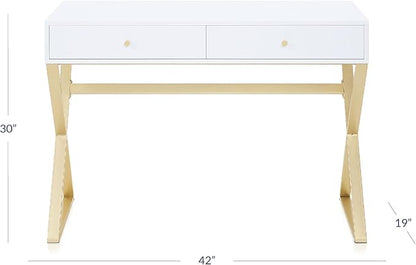BELLEZE Modern 42 Inch Makeup Vanity Dressing Table or Home Office Computer Laptop Writing Desk with Two Storage Drawers, Wood Top, and Gold Metal Frame - Ellena (White)