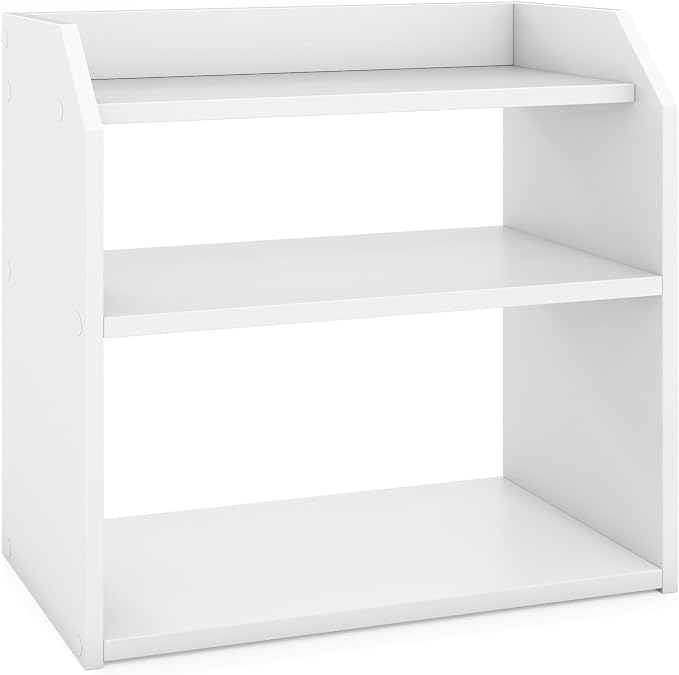 Tangkula 3-Tier Desktop Bookshelf, Wooden Countertop Bookcase with Guardrails, Space-Saving Desk Display Hutch Shelf, Modern Tabletop Storage Organizer for Study Room, Office and Dormitory (1,White)