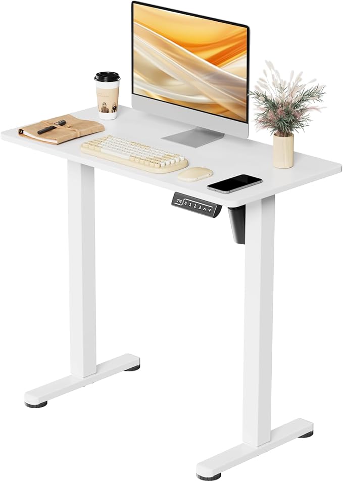 JOY worker Small Electric Standing Desk, 31.5" x 15.75" Whole Piece Height Adjustable Desk with Memory Controller, White Sit to Stand Workstation for Home Office