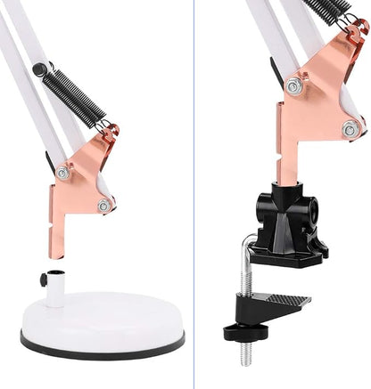 PowerKing Metal Swing Arm Desk Lamps, Adjustable and Flexible,Feading with Base and Clip 2-in-1 Function, Fit E26&E27 Bulbs Base, Application in Bedroom Living Room, Office Home (White+Rose Gold)