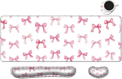 MIBITRI Keyboard Mouse Pad Set, Extended Gaming Mouse Pad+Ergonomics Keyboard Wrist Rest Support, Memory Foam, Easy Typing Pain Relief, 4Pcs XXL Ultra Thick Desk Mat, Pink Bows