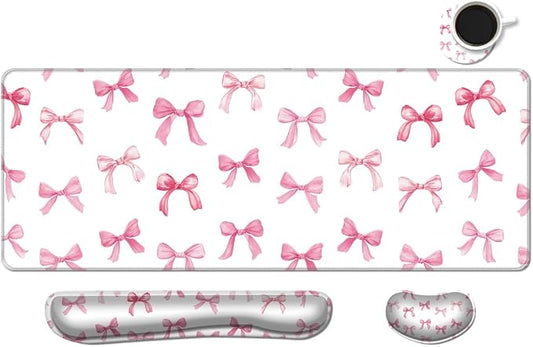 MIBITRI Keyboard Mouse Pad Set, Extended Gaming Mouse Pad+Ergonomics Keyboard Wrist Rest Support, Memory Foam, Easy Typing Pain Relief, 4Pcs XXL Ultra Thick Desk Mat, Pink Bows