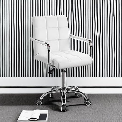 Furmax Vanity Office Chair with Wheels, Makeup PU Leather Executive Chair Modern Adjustable Home Desk Retro Comfortable Work Chair 360 Degree Swivel with Arms (White)