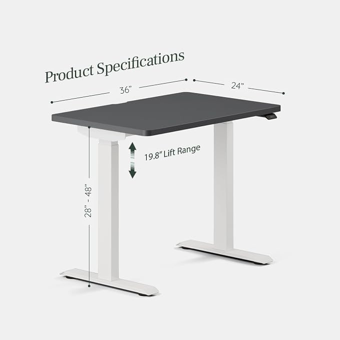 Branch Duo Standing Desk 36 Inches - Adjustable Standing Desk with 20” Range - OLED Control Panel - Frameless Design & Compact Size Suitable for Many Spaces - White Base - Charcoal Top