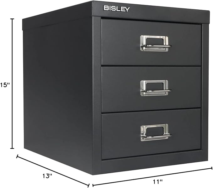 Bisley 3-Drawer Steel MultiDrawer Cabinet - Anthracite Grey | Chrome Pull Handles with Label Holders, Powder-Coated Steel, Removable Drawers, Desktop Storage, Labels Included
