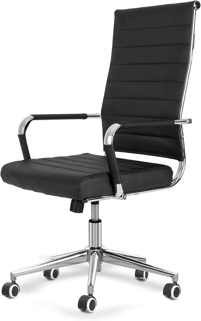 Okeysen Black Conference Room Chairs, Modern Ergonomic PU Leather Office Desk Chair Ribbed for Office, High Back Executive Swivel Rolling Task Chair for Home