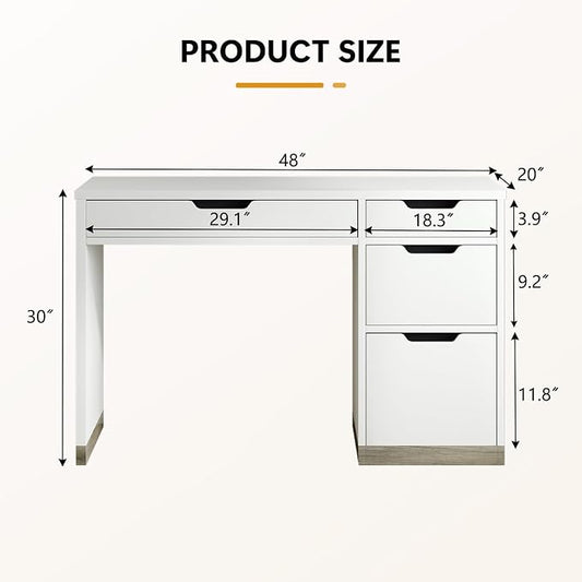 MaverickFurni White Desk with Drawers, 48 Inch Small Computer Desk with 4 Storage Drawers for Small Space, Home Office Desk for Bedroom with Storage File Drawer