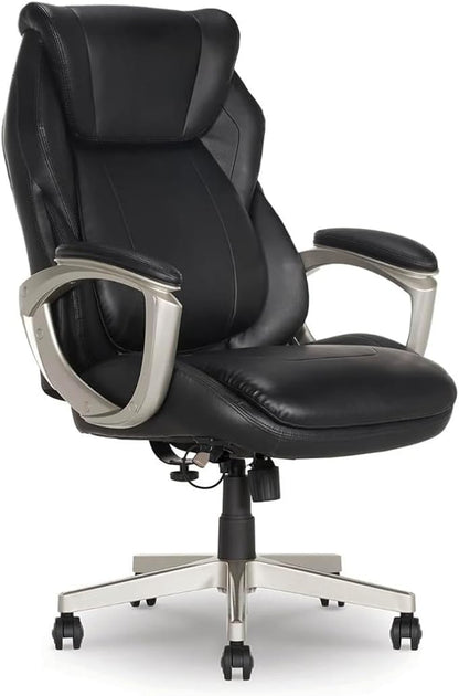 Lazzyboyy Executive Office Chair, Black Leather, Big and Tall, Active Lumbar Support, Ergonomic Design with Silver Base-Patented Active Lumbar Technology-Construction Supports up to 350lbs