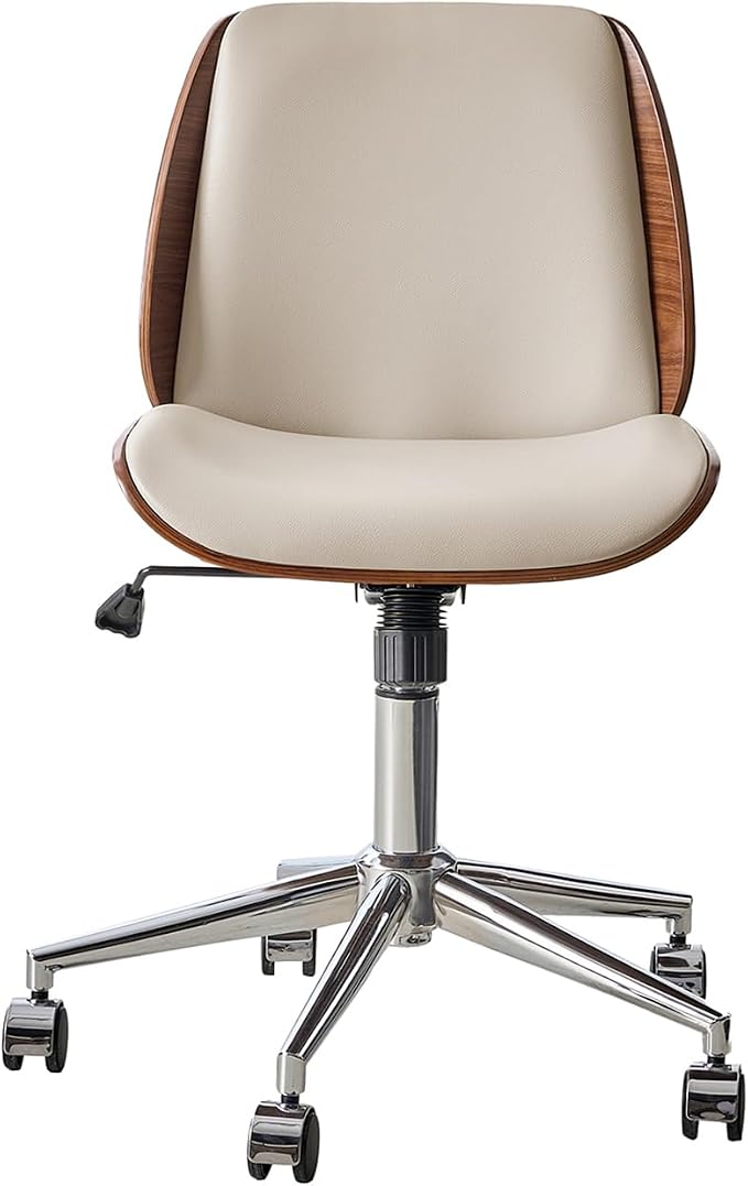 HULALA HOME Faux Leather Home Office Chair with Bent Wood Design & Rocking Tilt Function, Modern Swivel Desk Chair with Adjustable Height, Comfy Upholstered Armless Computer Task Chair, Ivory