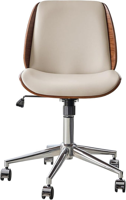 HULALA HOME Faux Leather Home Office Chair with Bent Wood Design & Rocking Tilt Function, Modern Swivel Desk Chair with Adjustable Height, Comfy Upholstered Armless Computer Task Chair, Ivory