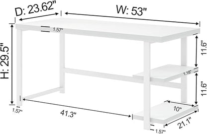 EXCEFUR White Computer Desk, Modern Home Office Desk with Storage Shelf, Wood and Metal Writing Study Table for Living Room Bedroom, 53 Inch
