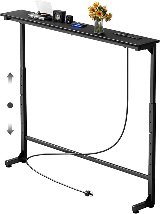 Keelian 39 inch Narrow Console Table with Outlet,Adjustable Height Behind Sofa Table,Couch Behind Table Skinny,Couch Shelf with Charging Station,Long Entryway Tables for Living Room,Black