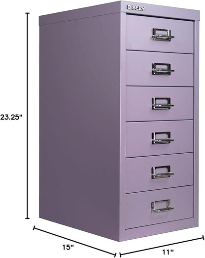 Bisley 6-Drawer Steel MultiDrawer Cabinet - Lilac | Chrome Pull Handles with Label Holders, Powder-Coated Steel, Removable Drawers, Fits Under Most Desks, Labels Included