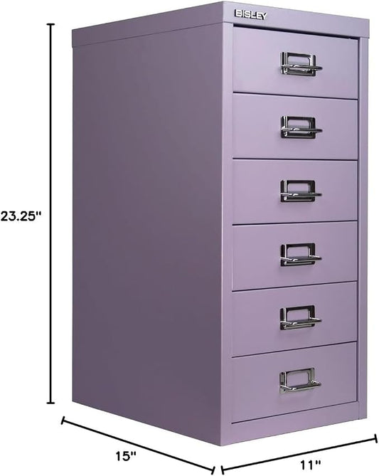 Bisley 6-Drawer Steel MultiDrawer Cabinet - Lilac | Chrome Pull Handles with Label Holders, Powder-Coated Steel, Removable Drawers, Fits Under Most Desks, Labels Included