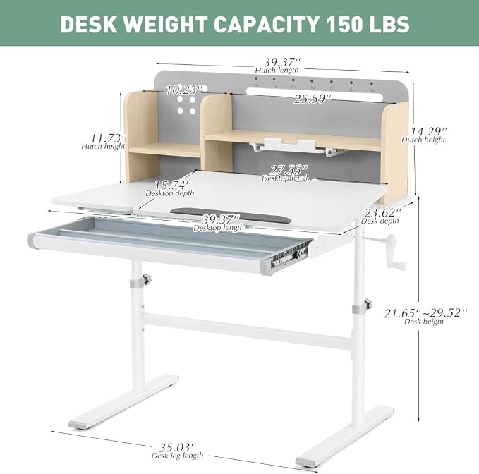 COSVALVE 39in Wide Adjustable Height Kids Desk with Tilting Desktop, Steel Frame, Drawer, and Bookshelf Hutch, Study Child Table for Ages 3-12, Grey