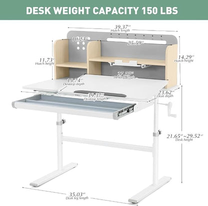COSVALVE 39in Wide Adjustable Height Kids Desk with Tilting Desktop, Steel Frame, Drawer, and Bookshelf Hutch, Study Child Table for Ages 3-12, Grey