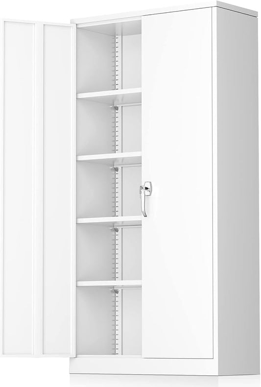 Greenvelly White Metal Storage Cabinet 72' - Steel Garage Cabinet with Doors & Shelves, Anti Tipping