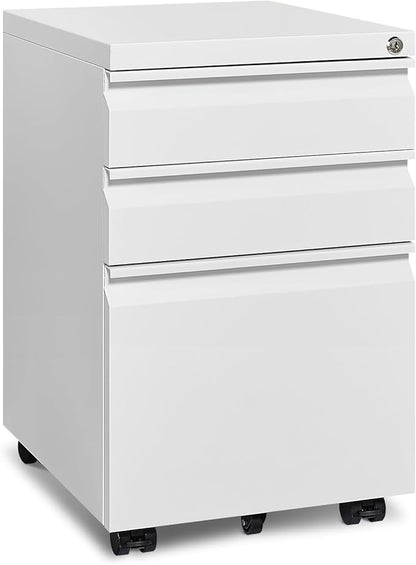 Approgreent Mobile File Cabinet for Home Office, Lockable 3 Drawer Filing Cabinet with Wheels for A4-Size/Letter-Size/Legal-Size, Fully Assembled Except Casters, White