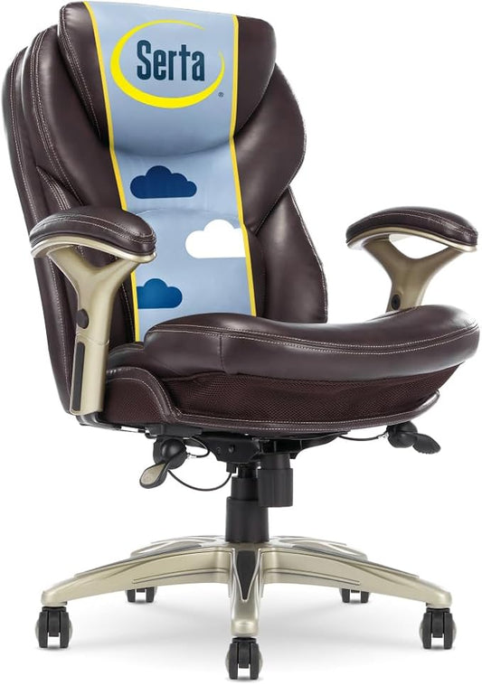 Serta Claremont Executive Office Chair with Back-In-Motion Technology, Ergonomic Mid-Back with Pivot Lumbar Support and Seat, Plush Cushion, Body Pillows, Adjustable Arms, Bonded Leather, Brown