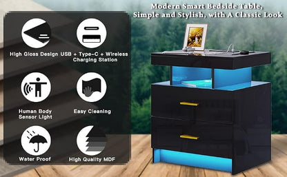 HNEBC Auto LED Nightstands Set of 2,Modern Bedside Table with USB Ports & Wireless Charging Station,High Gloss Bedside Tables with 2 Drawers,Nightstands for Bedrooms/Living Room/Office (Black)