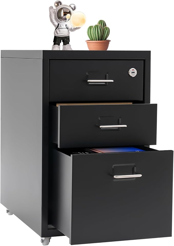 3 Drawers File Cabinet Locking Vertical File Cabinet Under Desk Small File Cabinet with Wheels for Home Office (Black)