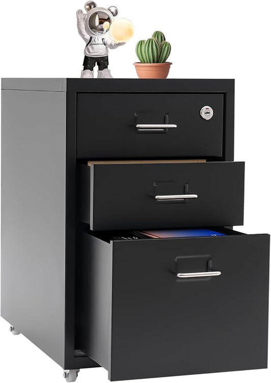3 Drawers File Cabinet Locking Vertical File Cabinet Under Desk Small File Cabinet with Wheels for Home Office (Black)