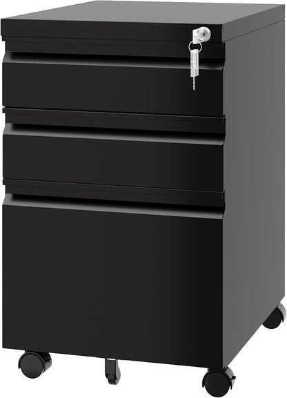 Fesbos 3 Drawer Vertical File Cabinet, Black Mobile Filling Cabinet with Lock for Legal/Letter Size, Pre-Built Office Storage File Cabinet with Wheels Under Desk - Fully Assembled