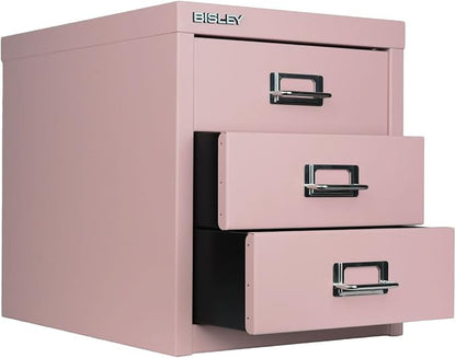 Bisley 3-Drawer Steel MultiDrawer Cabinet - Palest Pink | Chrome Pull Handles with Label Holders, Powder-Coated Steel, Removable Drawers, Desktop Storage, Labels Included