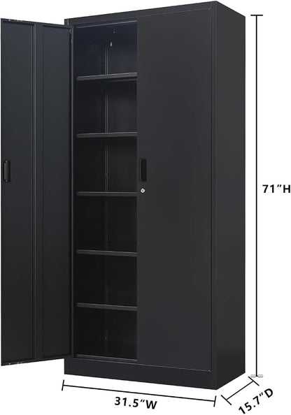 CJF Metal Storage Cabinet, 71" H Locking Cabinet with 5 Adjustable Shelves for Garage, Classroom, School, Home, Office, Pantry-Black