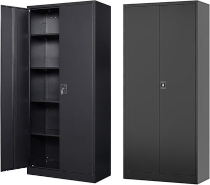 Fesbos Metal Storage Cabinet-71” Tall Steel File Cabinets with Lockable Doors and Adjustable Shelves-Black Steel Storage Cabinet for Home,Kitchen, School, Office, Garage