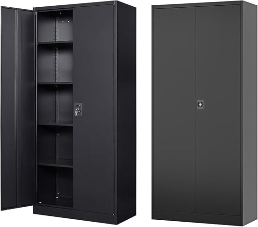 Fesbos Metal Storage Cabinet-72” Black Tall Steel File Cabinets with Lockable Doors and Adjustable Shelves-Black Steel Storage Cabinet for Kitchen, Office, Garage