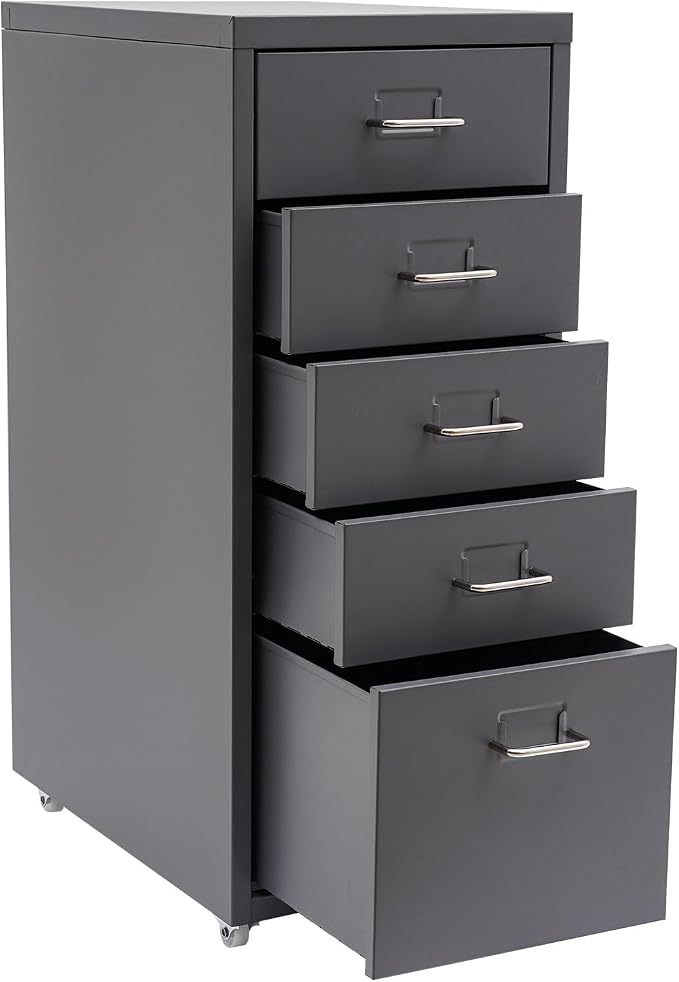 Metal Filing Cabinet with Wheels, 5 Drawers Mobile Storage Cabinet Small Printer Stand Vertical Organizer for Home Office