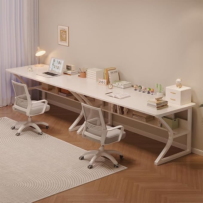 OSCHF Extra Long Desk with Bookshelf - 63" Double Long Writing Table for 2-Person Workstation, Modern Study Work Computer Desk for Home and Office, Warm White
