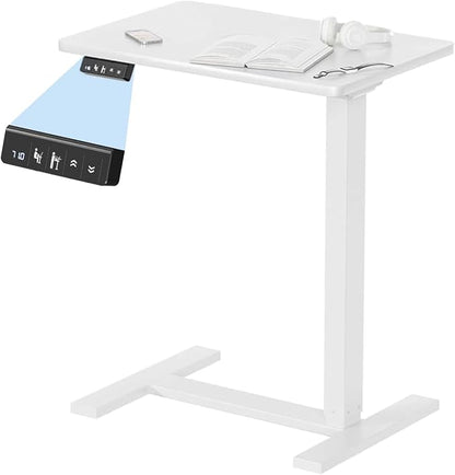 Ywin Electric Overbed Table with Wheels, Height Adjustable | Wood top, 27-43in lift, 77lbs, silent motor, LED, 2 presets, 4 casters, mobile hospital bed table for home/office