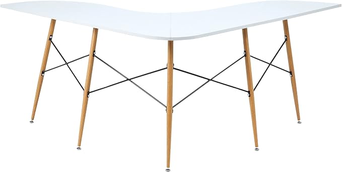 Teamson Home Roberto Mid-Century Modern L-Shaped Corner Desk with Tapered Legs and Black Metal Accents, Light Gray
