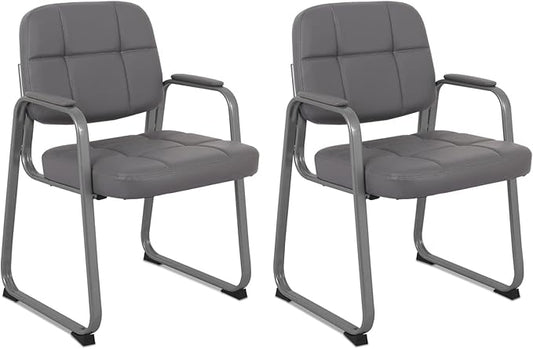 CLATINA Waiting Room Chair | Leather Guest Chair with Padded Arms no Wheels for Office Reception Conference Desk with Sled Base Grey, 2PK