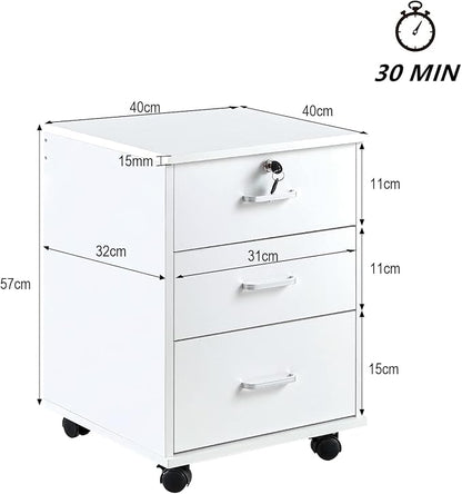 OFCASA 3 Drawer File Cabinet with Lock, Small Rolling Filing Cabinets for Home Office, Wooden Under Desk File Cabinet with Wheels, Mobile Storage Cabinet Printer Stand, for Letter/Legal/A4 Size, White