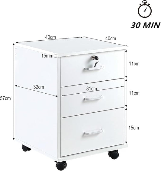OFCASA 3 Drawer File Cabinet with Lock, Small Rolling Filing Cabinets for Home Office, Wooden Under Desk File Cabinet with Wheels, Mobile Storage Cabinet Printer Stand, for Letter/Legal/A4 Size, White