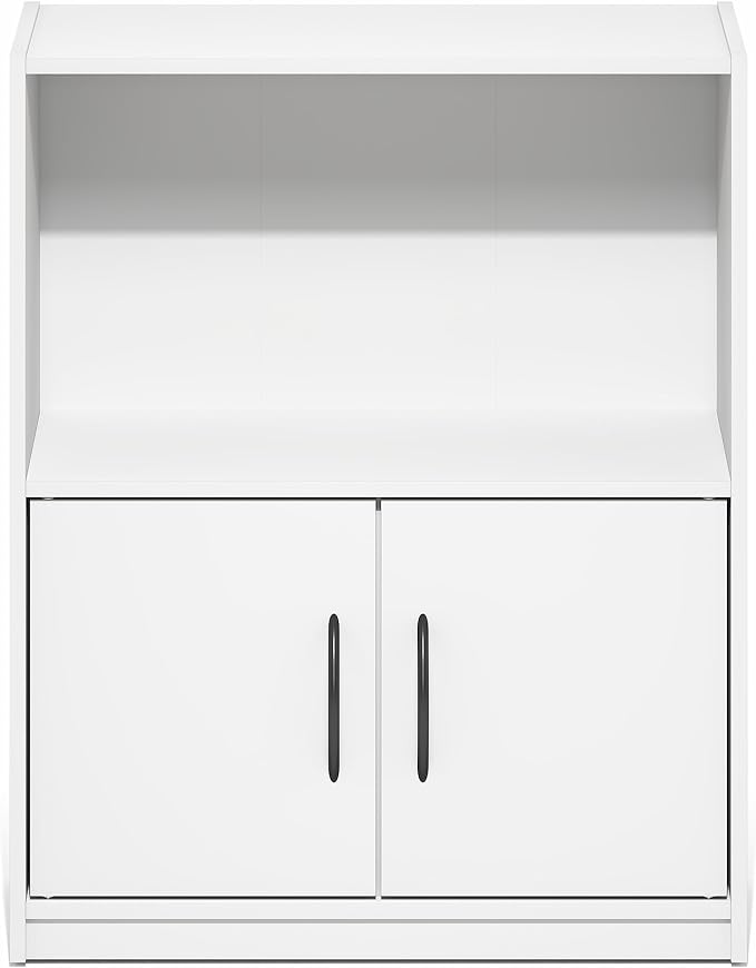 Furinno Gruen Book Shelf, 2-Tier Small Bookshelf, Bookcase with Open Shelf and Doors Storage Cabinet, 9.3 x 21.8 x 27, for Organization and Storage, for Living Room, Bedroom, Home Office, White