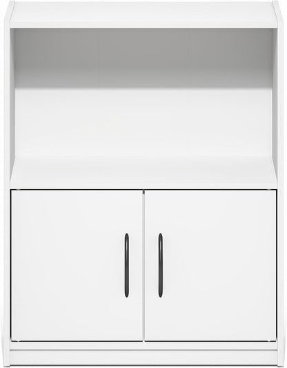 Furinno Gruen Book Shelf, 2-Tier Small Bookshelf, Bookcase with Open Shelf and Doors Storage Cabinet, 9.3 x 21.8 x 27, for Organization and Storage, for Living Room, Bedroom, Home Office, White