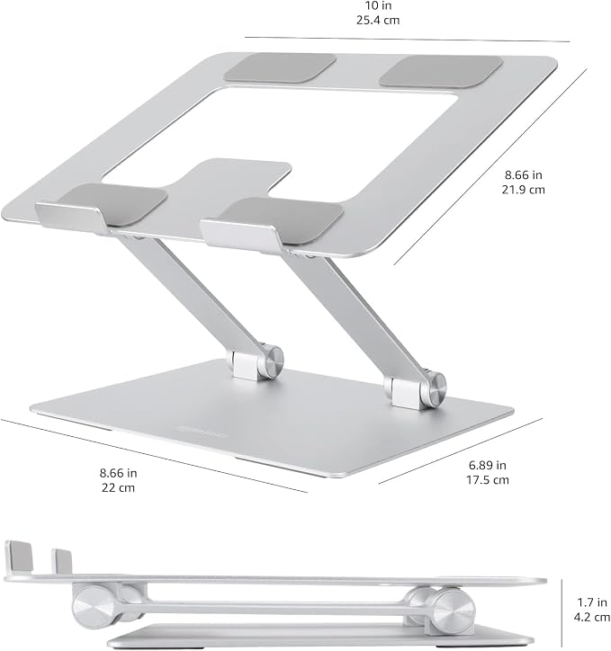 Amazon Basics Sturdy and Portable Ergonomic Laptop Stand for Desk,Height Adjustable Riser with Ventilated Cooling,Foldable,Fits All Laptops up to 17.3 Inch,Silver,10 x 8.7 x 6 in,(Pack of 12)
