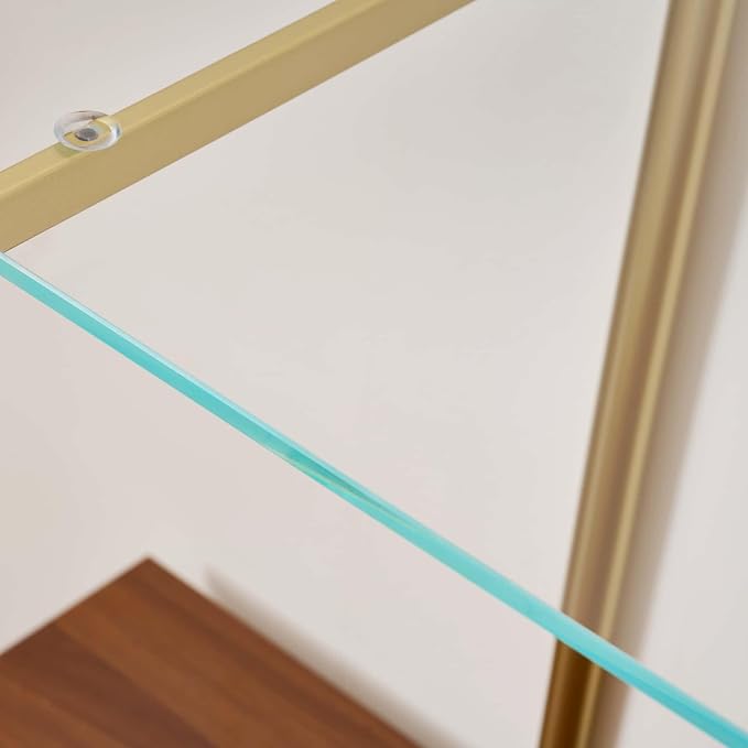 LumFurn Extra Large Glass Console Table for Living Room, Foyer & Entrance, L47 x W16 x H31, Mid-Century Modern Sofa Table with Clear Glass Top, Walnut Finish Wood Top and Gold Finish Metal Frame
