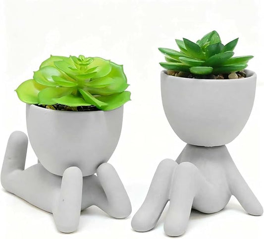 Zerzsy 2 Pack Artificial Plants Succulents with Creative Human Shaped Pots, Office Plant Cute Desk Decor for Women, Fake Succulent Decoration for Home Bathroom Shelf Decor (Grey)