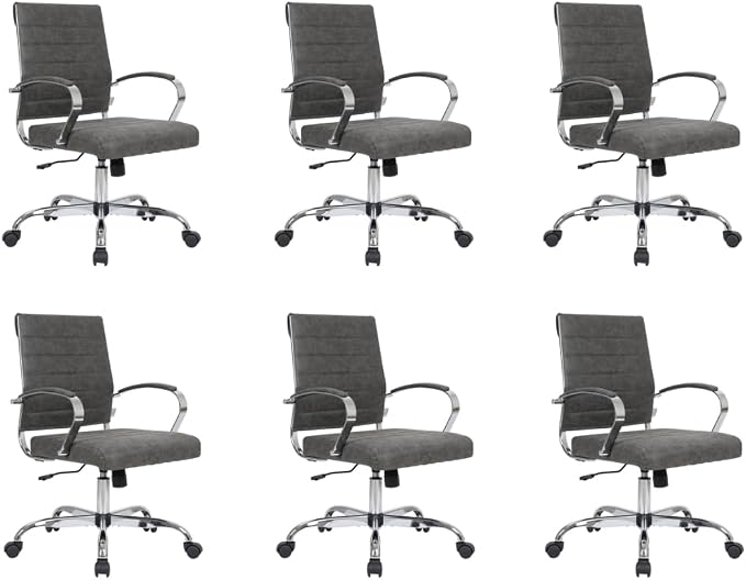 LeisureMod Benmar Leather Office Desk Chair, Mid-Back Ergonomic Swivel Chair with Lumbar Support, Adjustable Height, Tilt Lock, Cushioned Seat & Back, Home Office Task Chair (Charcoal, Set of 6)
