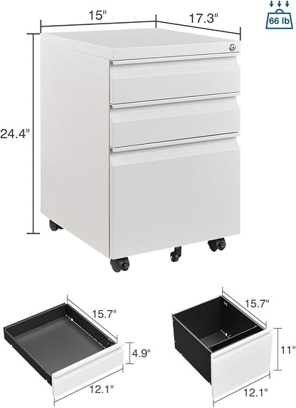 PEUKC 3 Drawer Metal Under Desk Rolling File Cabinet, Lockable, Fits Letter/Legal/A4 Size, White, Home Office