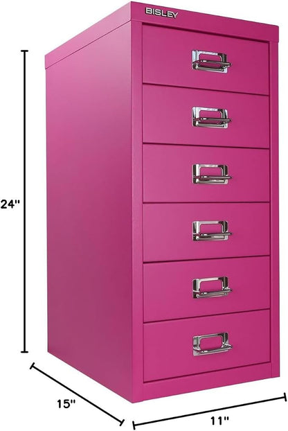 Bisley 6-Drawer Steel MultiDrawer Cabinet - Fuchsia | Chrome Pull Handles with Label Holders, Powder-Coated Steel, Removable Drawers, Fits Under Most Desks, Labels Included