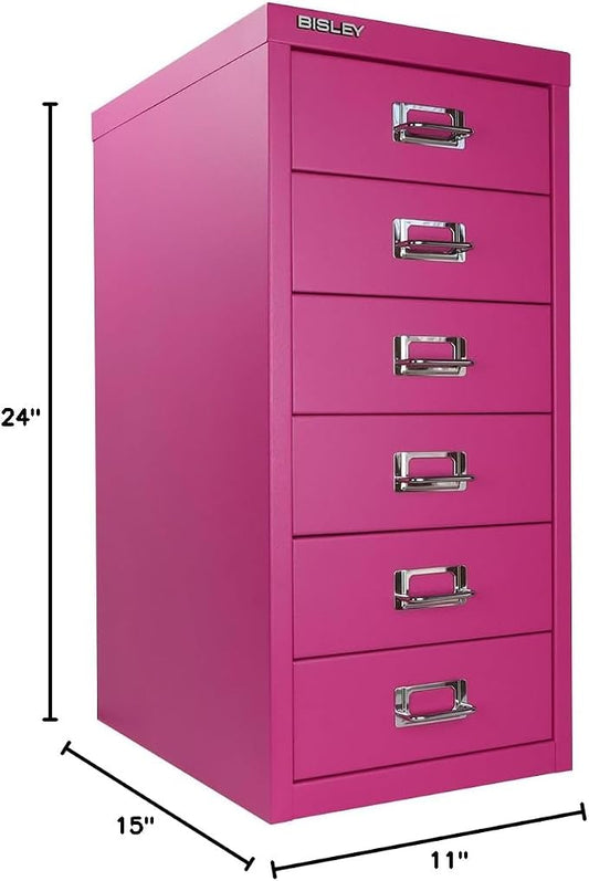 Bisley 6-Drawer Steel MultiDrawer Cabinet - Fuchsia | Chrome Pull Handles with Label Holders, Powder-Coated Steel, Removable Drawers, Fits Under Most Desks, Labels Included